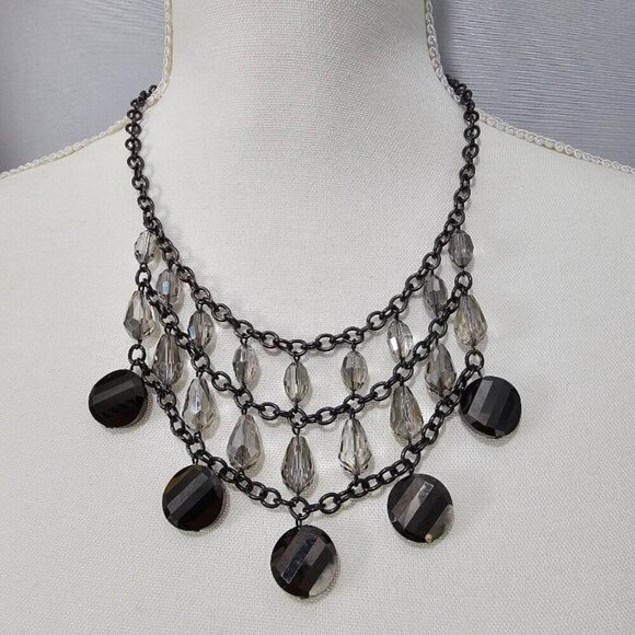 💎Charming Charlie Vintage Gun Metal Acrylic Drop Smokey Quartz Link Necklace - Picture 1 of 6